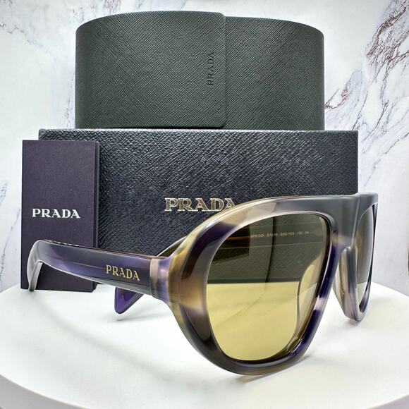 New PRADA Sunglasses Brown Striped Laguna Aviator Shield Mask New - Picture 3 of 16